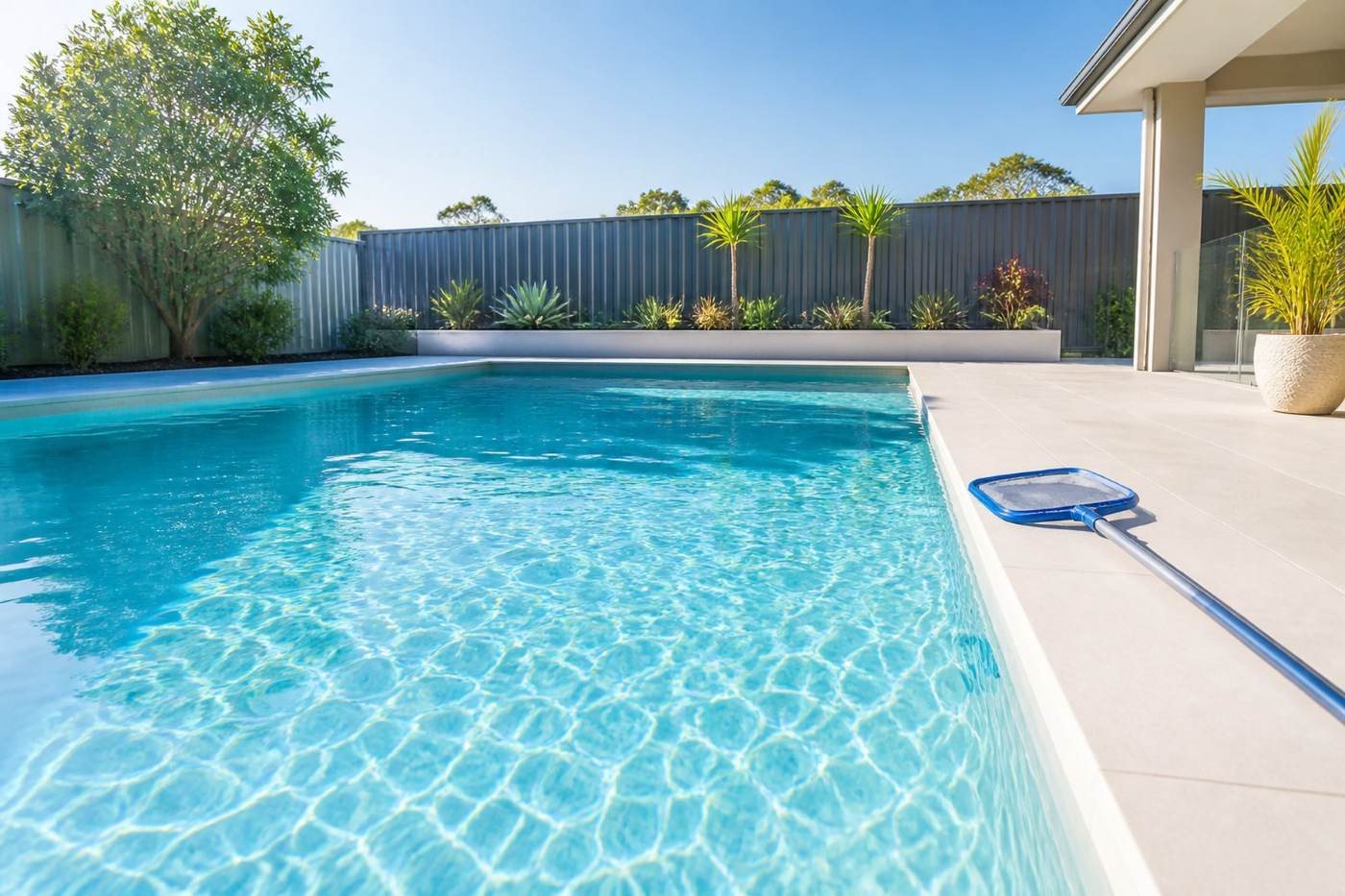 Clean, clear backyard swimming pool in a sunny Perth garden after a regular pool service